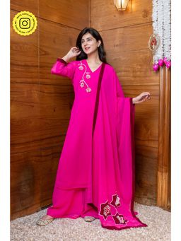 Label Shaurya Sanadhya - Rani Pink 3D Embroidered Kurta with Palazzo and Dupatta