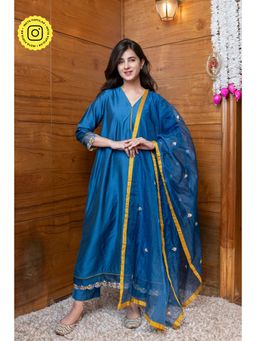 Label Shaurya Sanadhya - Blue Mustard Embroidered Kurta with Pant and Dupatta