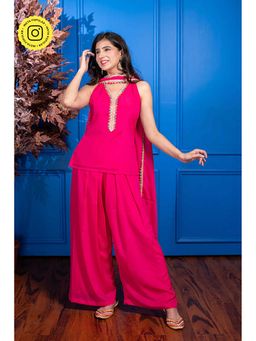 Label Shaurya Sanadhya - Pink Short Kurta with Pleated Palazzos and Dupatta