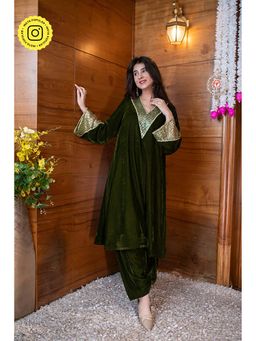 Label Shaurya Sanadhya - Dark Olive Sequin Work Bell Sleeves Co-Ord Set