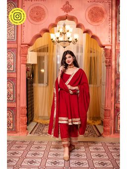 Label Shaurya Sanadhya - Red Short Anarkali Kurta With Pant And Dupatta
