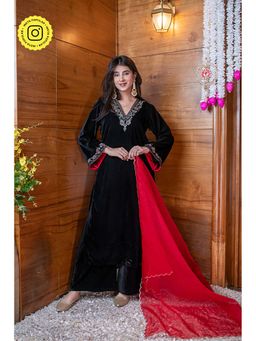 Label Shaurya Sanadhya - Velvet Black And Red Embroidered Kurta With Palazzo And Dupatta