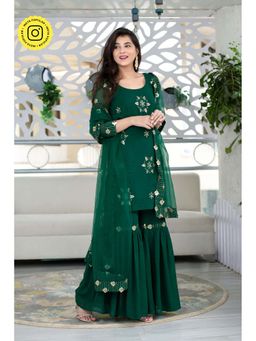 Label Shaurya Sanadhya - Green Georgette Sharara And Kurta With Net Dupatta (Set Of 3)