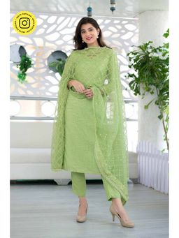 Label Shaurya Sanadhya - Light Green Chanderi Suit And Pant With Heavy Net Dupatta (Set Of 3)