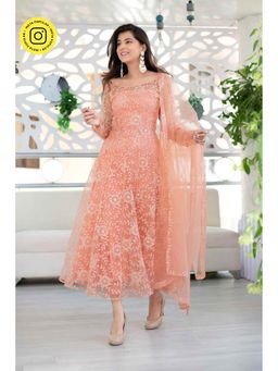 Label Shaurya Sanadhya - Peach Heavy Thread Work Anarkali And Pant With Net Dupatta (Set Of 3)