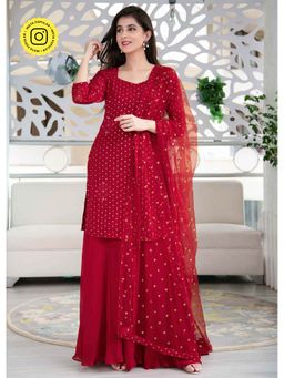 Label Shaurya Sanadhya - Red Georgette Palazzo And Kurta With Net Dupatta (Set Of 3)