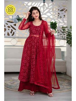 Label Shaurya Sanadhya - Red Anarkali Suit And Palazzo With Net Dupatta (Set Of 3)