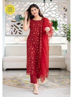 Label Shaurya Sanadhya - Red Sequin Kurta Suit And Pant With Net Ruffle Dupatta (Set Of 3)