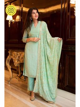 Label Shaurya Sanadhya - Pista Green Kurta & Pant With Chinon Zari Work Dupatta (Set Of 3)