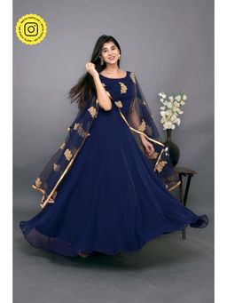 Label Shaurya Sanadhya - Blue Gown With Attached Dupatta (Set Of 2)
