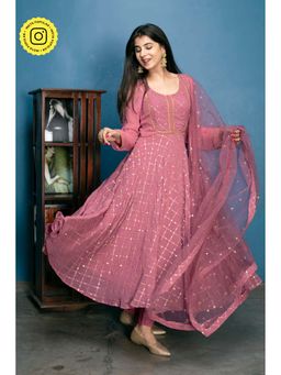Label Shaurya Sanadhya - Dusty Pink Thred & Sequin Anarkali & Plazzo With Dupatta (Set Of 3)