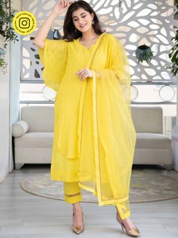Label Shaurya Sanadhya - Bright Yellow Thread Work Kurta And Pant With Dupatta (Set of 3)