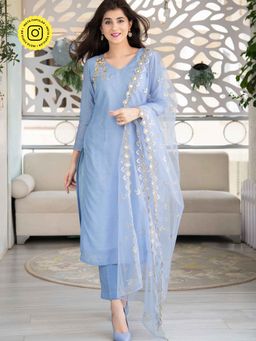 Label Shaurya Sanadhya - Powder Blue Embellished Kurta And Pant With Dupatta (Set of 3)
