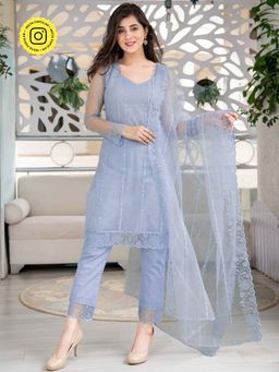Label Shaurya Sanadhya - Powder Blue Net Short Kurta And Pant With Dupatta (Set of 3)