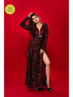 Label Shaurya Sanadhya - Maroon Sequin Long Gown with Slit