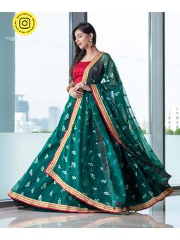 Label Shaurya Sanadhya - Bottle Green and Red Lehenga (Set of 3)