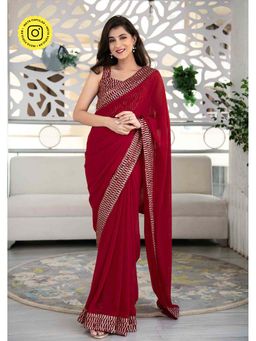 Label Shaurya Sanadhya - Red Georgette Sequin Saree With Unstitched Blouse