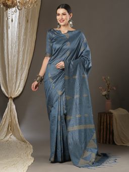 Akhilam - Womens Silk Blend Grey Woven Designer Saree with Unstitched Blouse