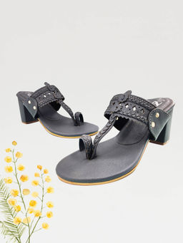 The Madras Trunk - Women Three Inch Block Heels Kolhapuri in Rang Dark Grey