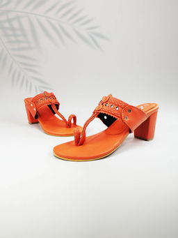 The Madras Trunk - Women Three Inch Block Heels Kolhapuri in Rang Orange