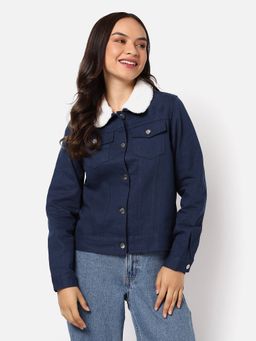 Campus Sutra - Womens Solid Denim Jacket Navy Blue