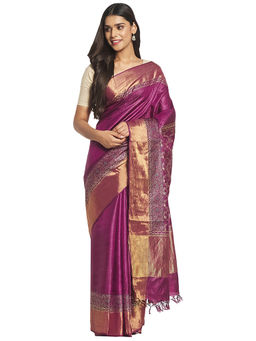 Fabindia - Magenta Hand Block Print Silk Saree
