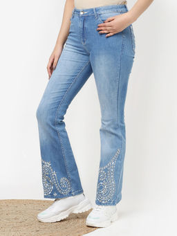 Lakshita - Blue Embroidered Flared Jeans for Women