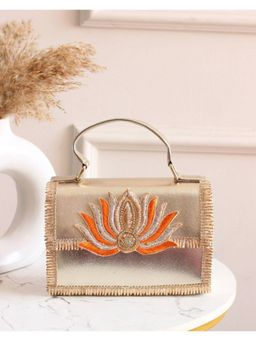 BOXWISH BY BHUMIKA - Phulkari Lotus Zari Embellishment Leather Sling Bag - Orange