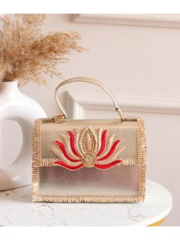 BOXWISH BY BHUMIKA - Phulkari Lotus Zari Embellishment Leather Sling Bag - Red
