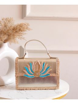 BOXWISH BY BHUMIKA - Phulkari Lotus Zari Embellishment Leather Sling Bag - Blue