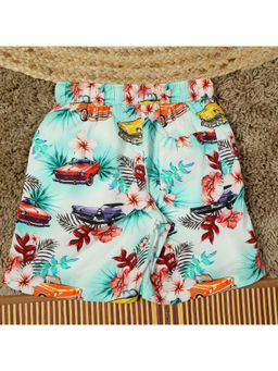 The Lion and the Fish - Boys Flower and Car Printed Short Off White Green