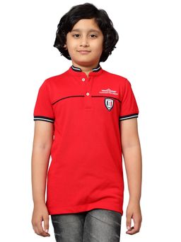 Cantabil - Red Colorblock Henley Neck T-Shirt