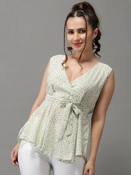 SHOWOFFFF - Womens Floral V-neck Green Peplum Regular Top