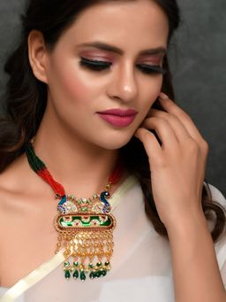 Silvermerc Designs - Gold Plated Peacock Designed Meenakari Necklace