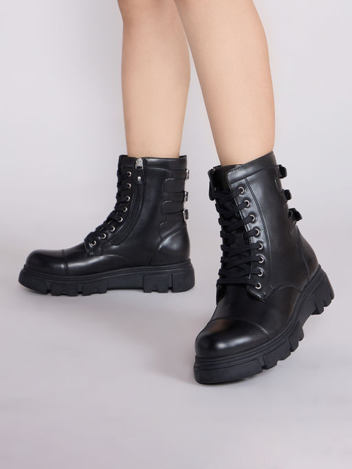 MIXT by Nykaa Fashion Black Round Toe Buckle Detail Lace Up Mid Calf Combat Boots