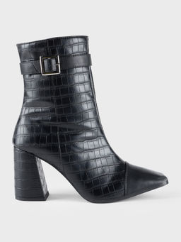 IYKYK by Nykaa Fashion - Black Square Toe Croc Texture Detail Mid Block Heeled Boots