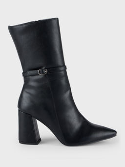 IYKYK by Nykaa Fashion - Black Pointed Toe Buckle Detail Mid Calf Block Heeled Boots