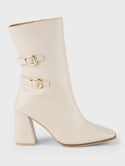 IYKYK by Nykaa Fashion - Cream Square Toe Buckle Detail Mid Calf Block Heeled Boots
