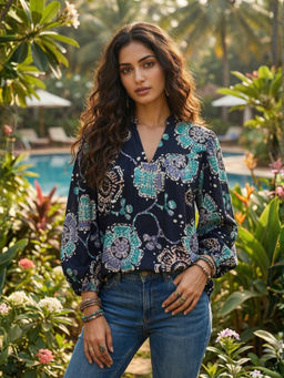 BOHOLYFE - Noemi Teal Foil Bloom Top