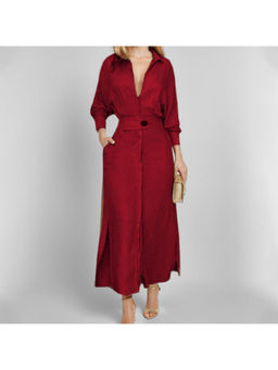 Outzidr - Red Shirt Maxi Dress with Side Slit