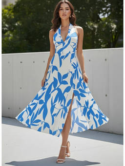 Outzidr - Blue Halter Neck Printed Flared Midi Dress