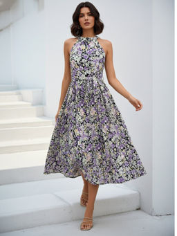 Outzidr - Halter Neck Printed Waist Tie-Up Belt with Midi Dress