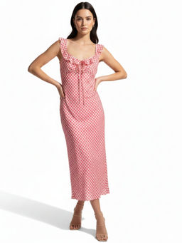 Outzidr - Red Checkered Ruffle Detailed Midi Dress