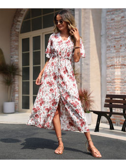 Outzidr - White Short Sleeve Waist Fitted Printed Slit Midi Dress