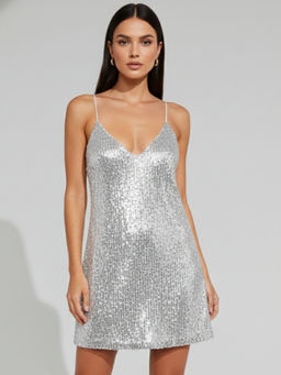 Outzidr - Sliver Spaghetti Strap Sequined Mini Dress