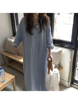 Outzidr - Blue Straight Fit Shirt Maxi Dress