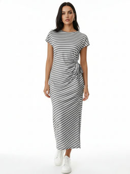 Outzidr - Grey Short Sleeve Waist Knit Detail Striped Maxi Dress