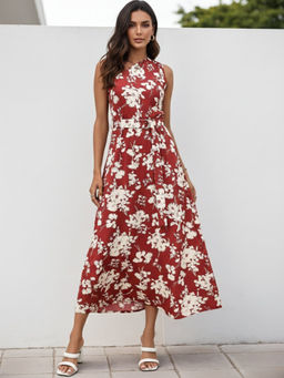 Outzidr - Red Print Midi Dress