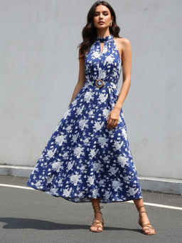 Outzidr - Blue Floral Print Midi Dress with Belt