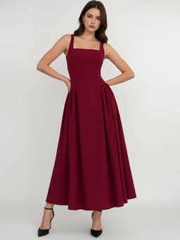 Outzidr - Wine Shoulder Strap Corset Style Maxi Dress